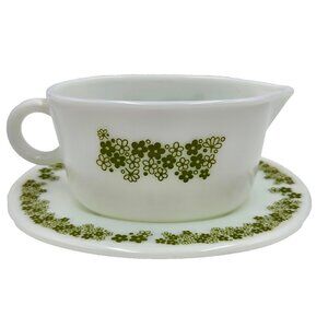 Pyrex Corning Spring Blossom Crazy Daisy Green Gravy Boat & Underplate Vintage